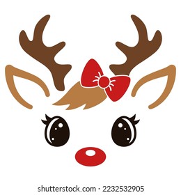 Reindeer girl face with bow. Deer head with red nose. Cute cartoon animal. Flat style design. Holiday print. Vector illustration.