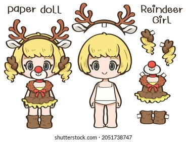 A reindeer girl paper doll is depicted as a vector illustration. It can be used as a Christmas decoration or as part of the overall design.