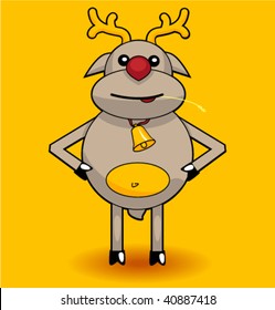 Reindeer with hand bell and straw in teeth.