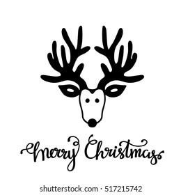 Reindeer hand drawn. Merry Christmas handwritten font.  Isolated on white background. Vector design