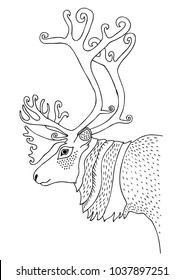 Reindeer. Hand drawn picture. Sketch for anti-stress adult coloring book in zen-tangle style. Vector illustration  for coloring page. Template for poster, t-shirt, cover or tattoo.