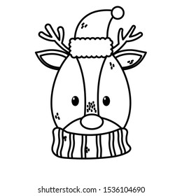 reindeer with hat and scarf merry christmas vector illustration thick line