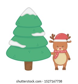 reindeer with hat and tree snow decoration merry christmas vector illustration