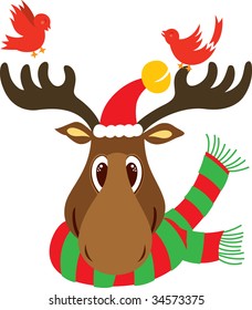 A reindeer head with big nose wearing Christmas scarf with long big trunk, wearing Santa hat and birds Each similar object are separated with layers and named properly for easy recolor and re-sized.