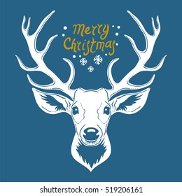 Reindeer head  isolated on blue background, vector illustration. Christmas Design. 
