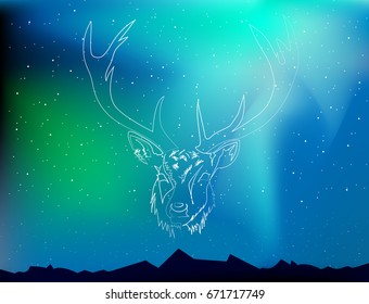 A reindeer head and northern lights. 