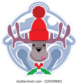 Reindeer head in red stocking cap on a jingle bell background