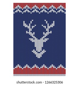 Reindeer head silhouette on knitted background. Card template for new year decoration. Flat vector cartoon illustration.