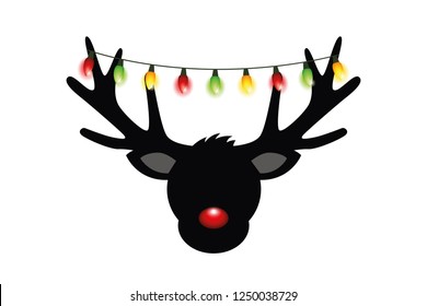 reindeer head silhouette with red nose and colorful christmas lights decoration vector illustration EPS10