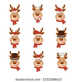 Reindeer heads for Christmas collection. Reindeer character with Santa hat