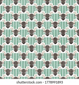 reindeer heads and green lines in horizontal rows flat textured winter geometric seasonal vector seamless pattern on white background