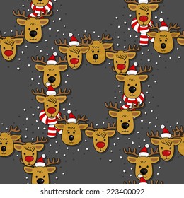 Reindeer heads in Santa Claus hats and colorful scarfs  wreath winter holidays illustration with snow dots seamless pattern on dark background
