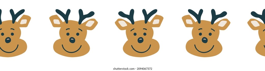 Reindeer heads seamless vector border. Deer head and snowflakes isolated on red background, horizontal repeating pattern vector illustration. Christmas kids design. For Christmas card, footer, header.
