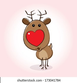 Reindeer with Heart Shaped Red Nose blowing a kiss on Pink Glow Background