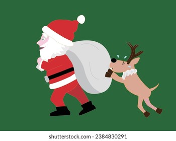 Reindeer helping Santa Claus carry presents on Christmas day.