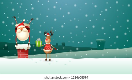 Reindeer helps Santa Claus put down all the gifts down the chimney on the roof - winter night scenery