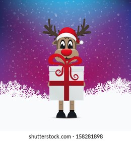reindeer hold gift winter background