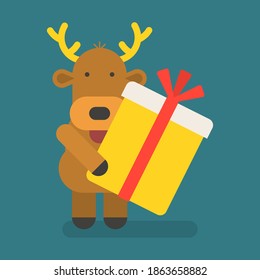 Reindeer holding big gift. Vector character. Vector Illustration