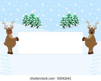 Reindeer holding a blank banner on a snowy background