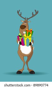 Reindeer holding a lot of gifts in its hand