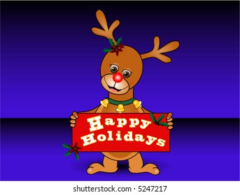 Reindeer holding happy Holidays sign, Christmas vector.