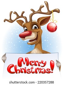 Reindeer holding Merry Christmas banner 