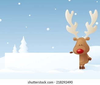 Reindeer holds up the message of your choice against a a snowy backdrop.