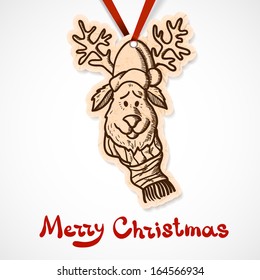 Reindeer in holiday clothes. Paper label on ribbon. Christmas and New year design element