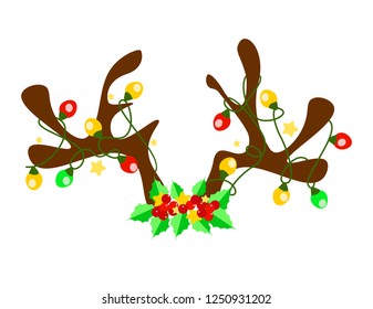 Reindeer horn with colorful lights. Christmas head ornaments antlers vector.  