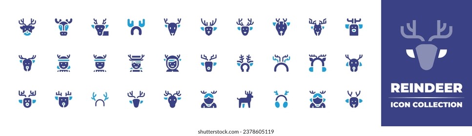 Reindeer icon collection. Duotone color. Vector and transparent illustration. Containing deer, earmuffs, moose, headband, girl, boy, costume, reindeer antlers.