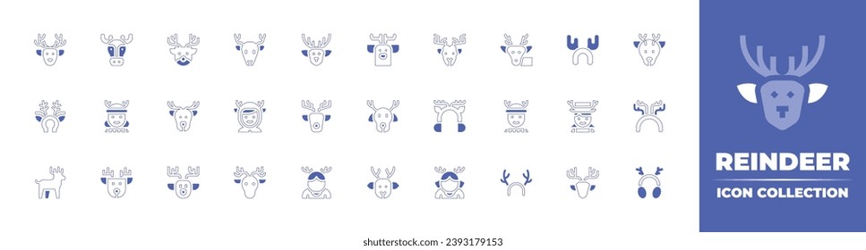 Reindeer icon collection. Duotone style line stroke and bold. Vector illustration. Containing deer, earmuffs, moose, headband, girl, boy, costume, reindeer antlers.