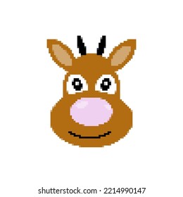 Reindeer icon in pixel art style. Cartoon deer head isolated on white background. 8 bit Santa's Reindeer. Christmas magic animal. Retro template for banner, poster, greeting card. Vector illustration