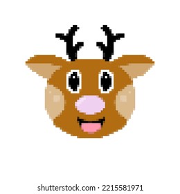 Reindeer Icon In Pixel Art Style. Cartoon Deer Head Isolated On White Background. 8 Bit Santa's Reindeer. Christmas Magic Animal. Retro Template For Banner, Poster, Greeting Card. Vector Illustration