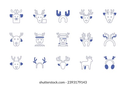 Reindeer icon set. Duotone style line stroke and bold. Vector illustration. Containing deer, earmuffs, headband, girl, boy, costume, reindeer antlers.