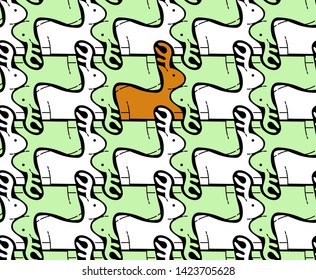 Reindeer and individuality, background in Escher style, seamless pattern vector illustration