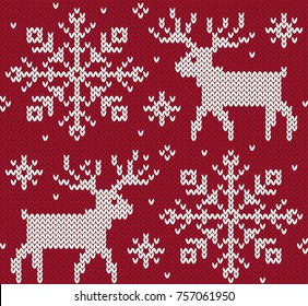 Reindeer jacquard seamless pattern. Red and white knitted background. Northern winter style. Vector illustration.