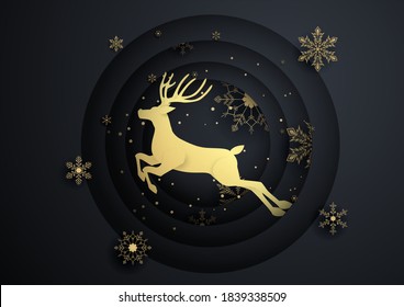 reindeer jump in circle with gold snowflake,merry christmas ,happy new year