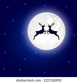 Reindeer jumps against the background of the moon. vector 