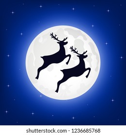 Reindeer jumps against the background of the moon. vector 