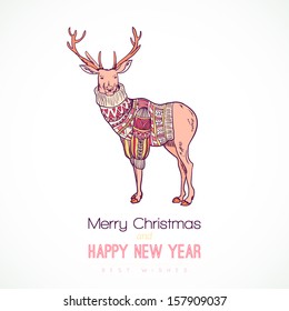 Reindeer in knitted sweater, Merry Christmas + Happy New Year
