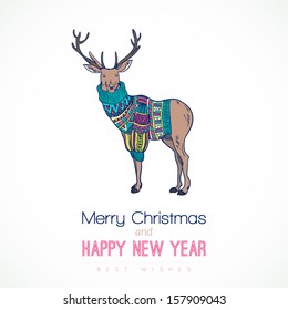 Reindeer in knitted sweater, Merry Christmas + Happy New Year