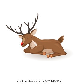 Reindeer lie and sleep Christmas vector illustration. Sleeping deer with red nose. Cartoon full face animal sleep. Xmas holiday icons