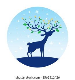 Reindeer with a light bulb and leaf on horn, christmas graphic element