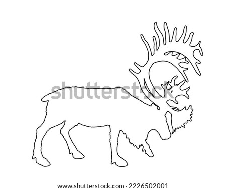 Reindeer line contour vector silhouette illustration isolated on white background. Rein deer powerful animal. Christmas holiday symbol. Santa Claus best friend. Huge antlers buck.