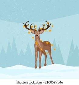 Reindeer with a luminous garland on the antlers.Vector image