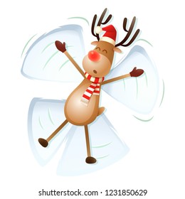 Reindeer make angel in snow - white background