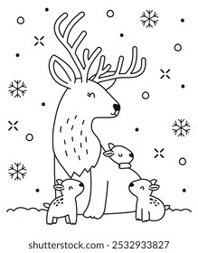 Reindeer mama with babies in the snow vector line drawing illustration