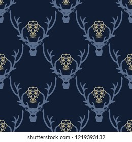 Reindeer Misteltoe Kiss Christmas  Seamless Vector Pattern. Festive Deer llustration for Seasonal Fashion Prints, Xmas Packaging, Christmas Paper Goods, Gold Blue Nordic Wrap or Party Invitations.