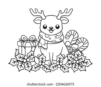 Reindeer with mistletoe, candy cane and gift box outline line art doodle cartoon illustration. Winter Christmas theme coloring book page activity for kids and adults.