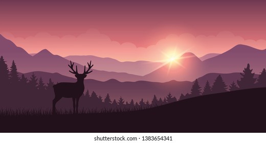 reindeer in the mountains with forest landscape vector illustration EPS10